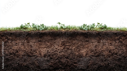 Cross-section of soil with grass and plants against a white background.