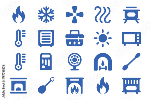 Collection of blue icons representing heating cooling and appliance symbols in a grid arrangement on white background illustration, artwork, vector
