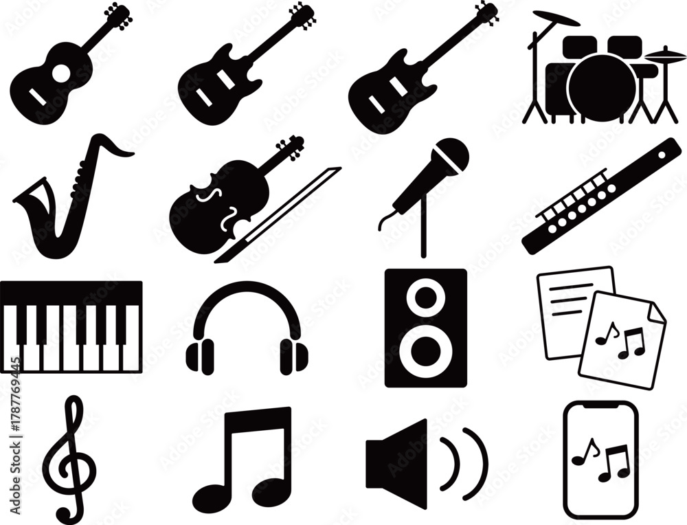 Obraz premium 音楽と楽器のアイコン16種セット モノトーン