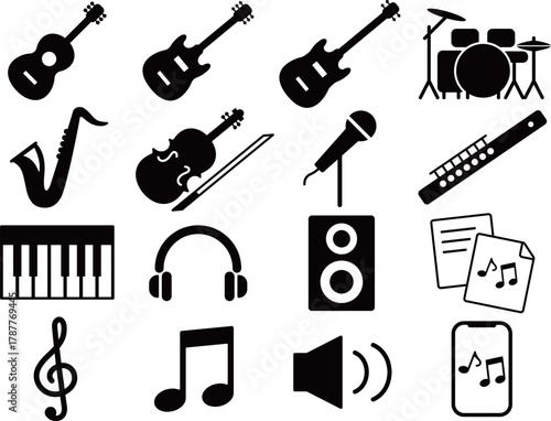 音楽と楽器のアイコン16種セット　モノトーン