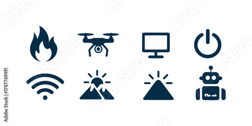 Collection of eight different icons including a flame drone monitor power wifi and a robot design on white background illustration, artwork, vector