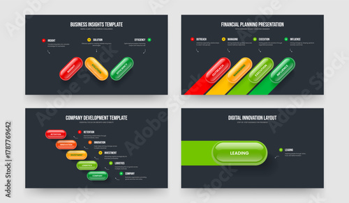 Digital Performance 3 4 5 1 Step Infographic Frame Template Collection. Professional Planning Three Four Five One Option Diagram Presentation Layout Vector Illustration Bundle.