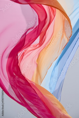 Colorful fabric flowing in the wind creating a beautiful abstract composition effect
