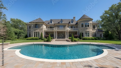 Expansive luxury mansion estate with a sparkling outdoor swimming pool and lush green trees under a clear blue sky