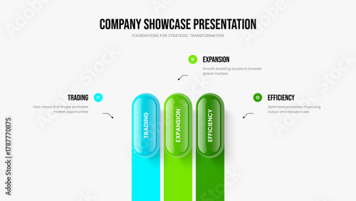 Market Plan Slideshow Template Vector Illustration. Enterprise Performance 3 Option Diagram Presentation Layout. Project Innovation Three Step Infographic Slide Design.