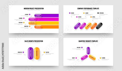 Project Growth 4 5 2 3 Step Infographic Frame Layout Set. Advertising Briefing Four Five Two Three Option Diagram Slideshow Design Vector Illustration Collection.