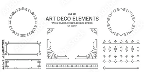 Set of Art Deco style frames, corners, dividers, and geometric pattern brushes with black corner accents on white, ideal for invitations, posters, and decorative design.
