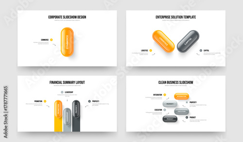 Professional Overview One Two Three Four Option Diagram Presentation Template Vector Illustration Collection. Visual Briefing 1 2 3 4 Element Infographic Slideshow Design Bundle.