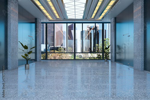 Modern empty office hallway interior with cityscape background seen through large glass windows, showcasing natural light and clean design concept. 3D Rendering
