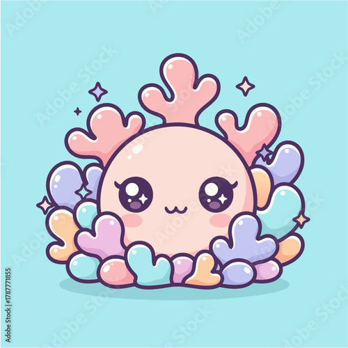 Charming Kawaii Coral Creature Illustration with Sparkling Watery Elements and Pastel Hues