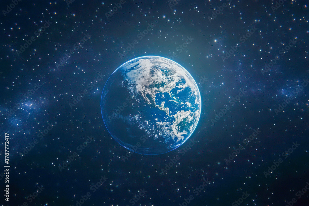 Naklejka premium Earth shines brightly against a backdrop of countless stars, showcasing the beauty of our planet in the expansive universe