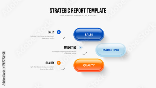 Marketing Overview Three Step Infographic Presentation Template. Professional Portfolio Frame Layout Vector Illustration. Investor Briefing 3 Element Diagram Slideshow Design.