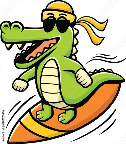 A cool cartoon alligator wearing sunglasses and a headband surfs on a wave.