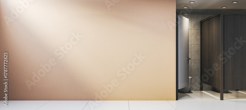 Modern restroom interior with blank beige wall and open toilet stall door under ceiling lights, ideal for signage or poster mockup template. 3D Rendering