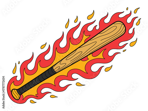 Flaming baseball bat artwork, molten cracks, heavy grunge textures, dripping lava effect, intense fire illustration