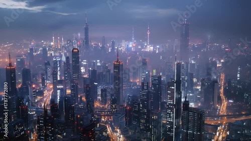 Wallpaper Mural Futuristic city skyline at night, aerial view of modern metropolis with glowing skyscrapers and urban street lights Torontodigital.ca