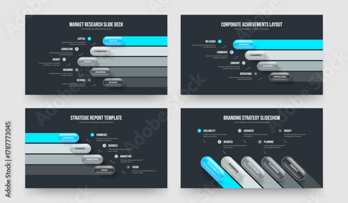 Enterprise Planning Five Four Element Infographic Frame Layout Vector Illustration Set. Consulting Proposal 5 4 Option Diagram Slideshow Template Collection.