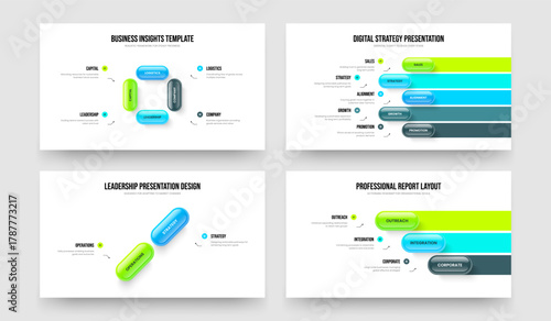 Company Insight Four Five Two Three Element Diagram Presentation Design Vector Illustration Collection. Product Profile 4 5 2 3 Step Infographic Frame Template Bundle.