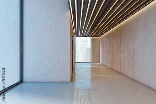 Modern empty hallway with sleek ceiling lights, textured walls, and large window showcasing city buildings in a stylish interior design setup. 3D Rendering