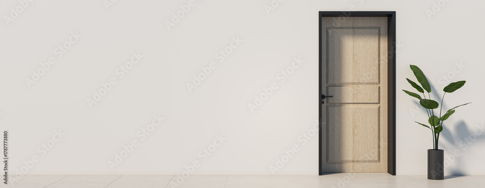 Naklejka premium Minimalist modern interior with wooden door and potted plant beside white wall, clean background with copy space for design mockup concept. 3D Rendering