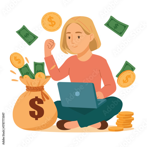 Blonde woman sitting with laptop and large money bag surrounded by coins and banknotes flat cartoon illustration isolated on white background