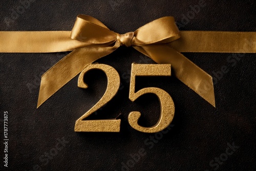 Elegant Gold Number 25 with Ribbon on Dark Background for Celebrations