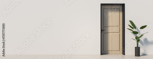 Minimalist modern interior with wooden door and potted plant beside white wall, clean background with copy space for design mockup concept. 3D Rendering