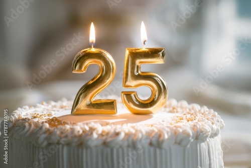 Elegant Gold 25 Birthday Candle on Cake with Soft Background Light