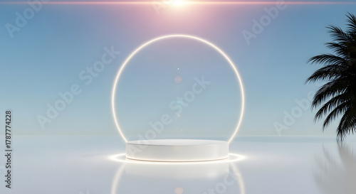 Podium Amidst Serenity: A pristine, illuminated podium stands center stage against a backdrop of a clear blue sky, palm tree, and a luminous circular light.
