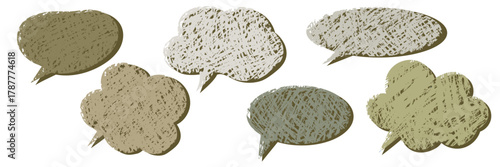 A set of green bubble-shaped frames drawn with colored pencils. Hand-drawn with pencil or pastel, these frames create a rough texture. Organic vector backgrounds for markets, sales, banners, stickers.