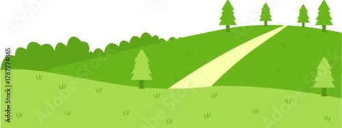 Cartoon green field view with hills and paths