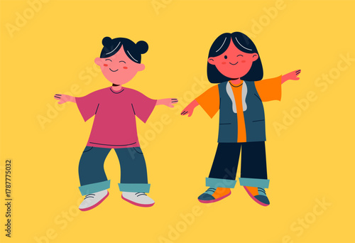 Illustration of two little girls dancing. Illustration of dancing movements