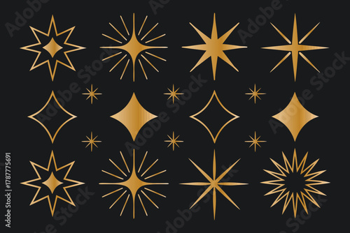 Gold starburst and diamond shapes on black background sparkle glitter