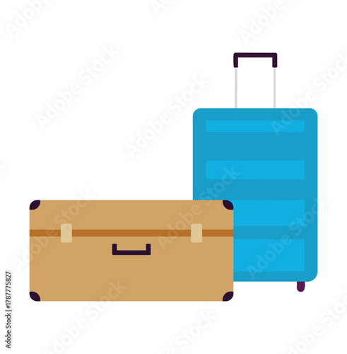 Two suitcases, a brown vintage-style trunk and a blue modern rolling suitcase, on a white background