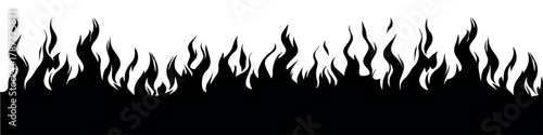 Border fire flame. Flaming pattern. Flammable horizontal line. Black on white. Decorative burning mockup. Cartoon fiery tattoo template. Hot temperature. Vector illustration