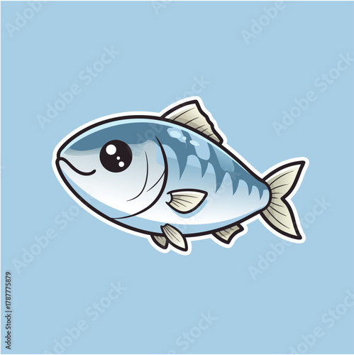 Cartoon Mackerel Fish Illustration with Cute Eyes on Blue Background
