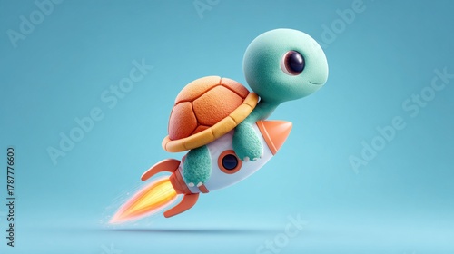 Fototapeta Naklejka Na Ścianę i Meble -  Cute cartoon turtle riding a rocket ship through a bright blue sky