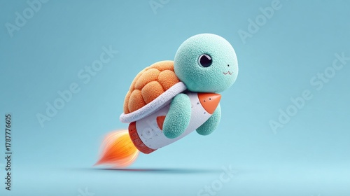 Fototapeta Naklejka Na Ścianę i Meble -  Cute cartoon turtle riding a rocket ship, soaring through the sky
