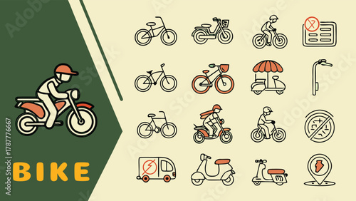 Bike Motorcycle Scooter Riding Transportation Delivery Icons Set with vector illustration