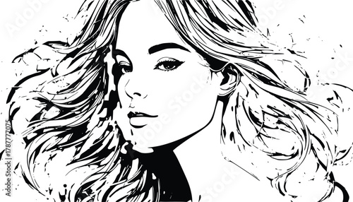 High-Contrast Black and White Portrait of a Woman with Flowing Hair and Direct Gaze