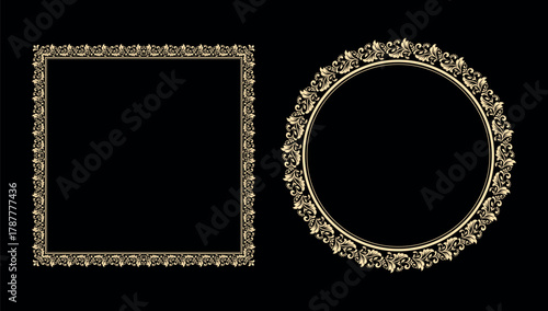 Set of decorative frames Elegant vector element for design in Eastern style, place for text. Floral black and golden borders. Lace illustration for invitations and greeting cards