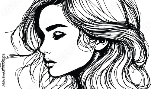 Stylish Black and White Ink Art Profile of a Woman with Voluminous Wavy Hair and Makeup