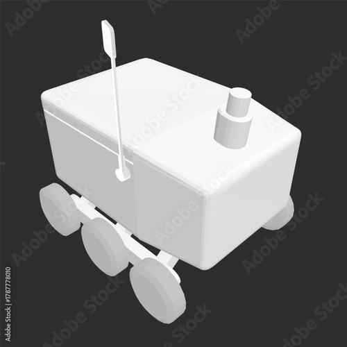 Polygonal robot delivers on a wheels, complete with a lid and side handle.