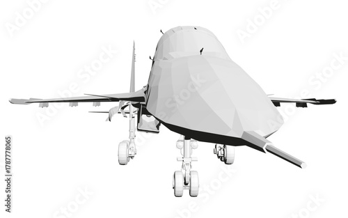 Polygonal fighter jet in black and white, isolated on a clean white background. This military aircraft features a modern low poly art style.
