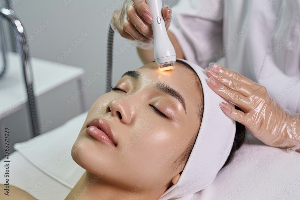 Naklejka premium Relaxing facial laser treatment gives radiant skin for youthful appearance