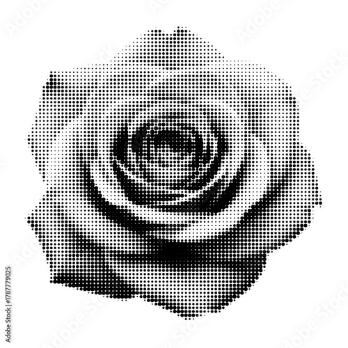 Vector halftone rose illustration in black and white. Minimalist floral design with vintage texture, perfect for tattoo art, poster, or contemporary decor.