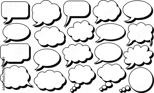 Collection of diverse hand drawn speech bubbles and thought clouds in various shapes and sizes isolated on a white background perfect for creative communication and design projects