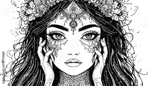 Elaborate Black and White Fantasy Portrait of a Woman with Detailed Ornaments and Hands