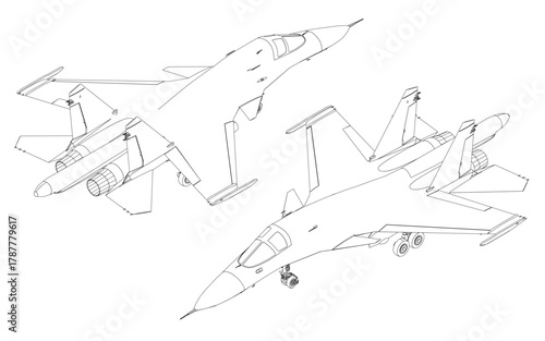 Two fighter jets in detailed contour drawing, featuring unique shapes, visible engines, wings, and tail fins. This military aircraft set. Isometric view