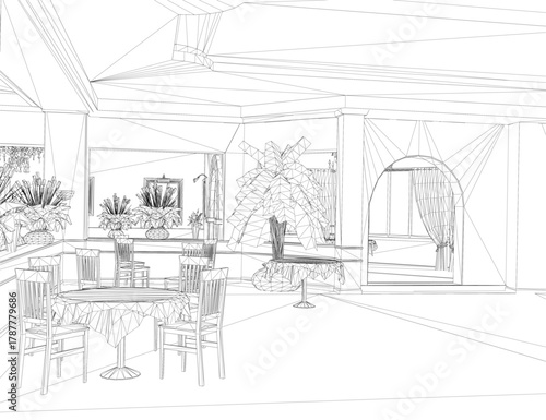 Wireframe sketch of a restaurant dining room featuring a central table with chairs, decorative houseplants, and a framed picture on the wall under a detailed ceiling.